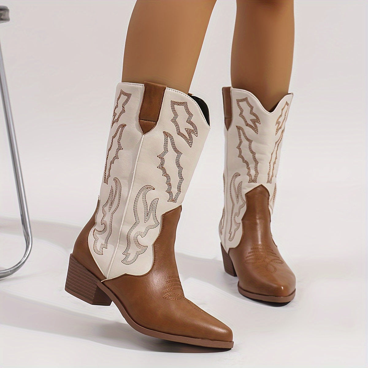 Women'S Western Cowboy Boots, Mid-Calf Pointed Toe with Chunky Heel, Elegant Slip-On Style in Brown, Comfortable for Music Festivals, Vacations, and Casual Wear, Music Festival Boots | Rugged Boot Design | Rubber Sole Boots