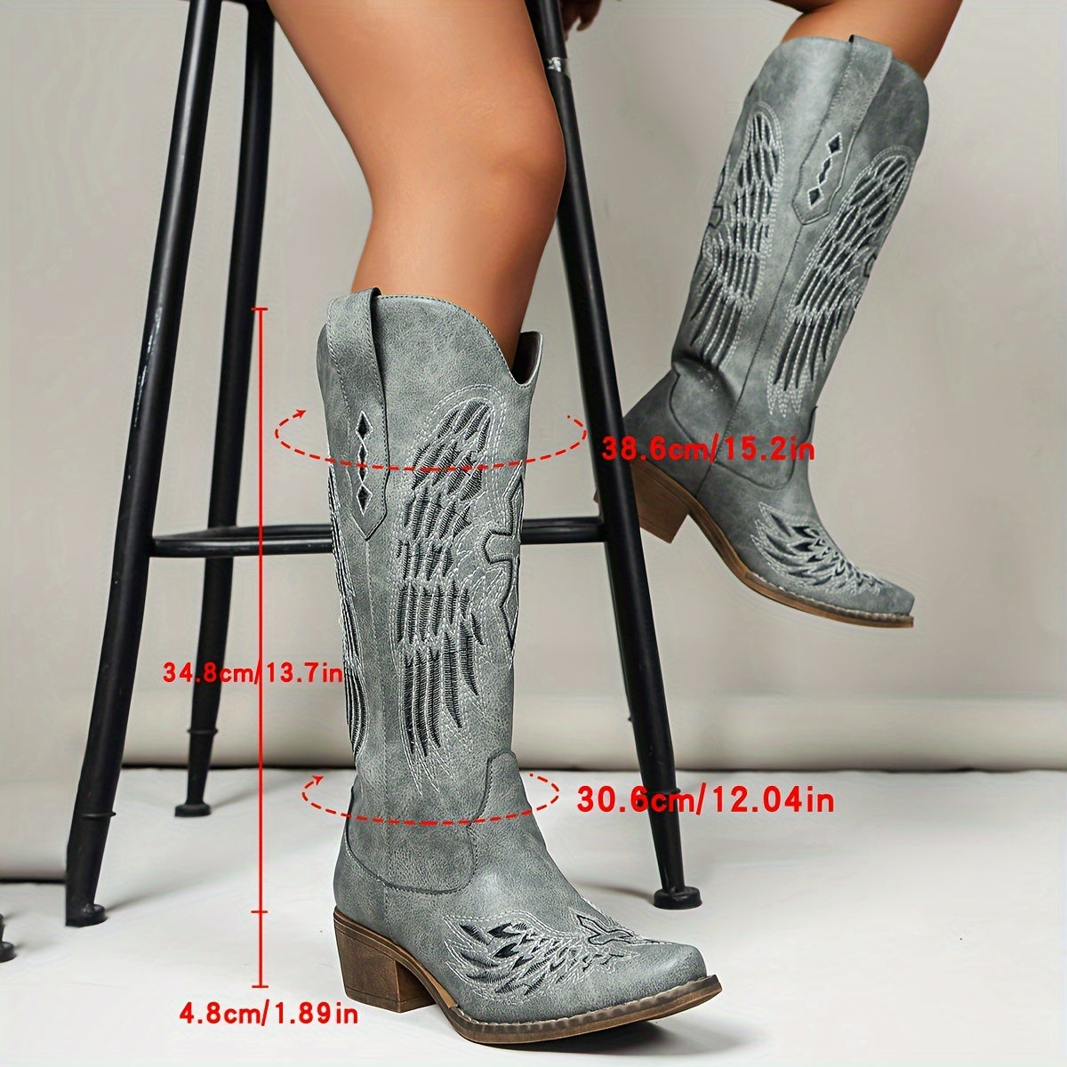 1pr Women'S Embroidered Western Cowboy Boots - Casual Style, Solid Color, All-Season, Slip-On, Pointed Toe, Block Heel, Man-Made Upper, Fabric Inner, TPR Sole, Mid Heel Riding Boots