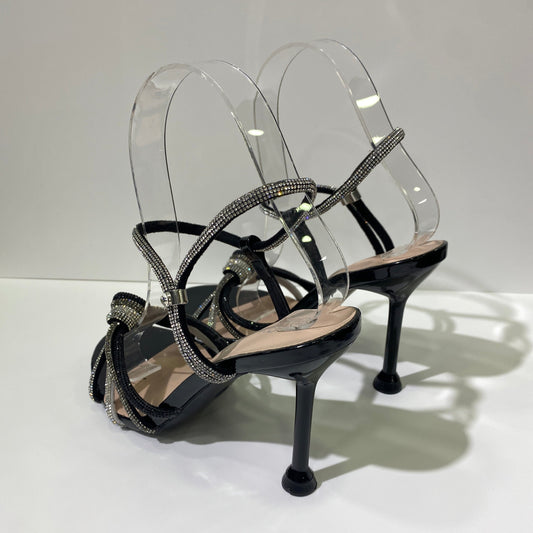 Sandali con tacco a cono e fiocco brillantini