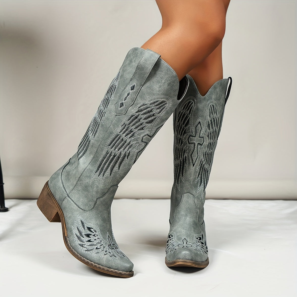 1pr Women'S Embroidered Western Cowboy Boots - Casual Style, Solid Color, All-Season, Slip-On, Pointed Toe, Block Heel, Man-Made Upper, Fabric Inner, TPR Sole, Mid Heel Riding Boots
