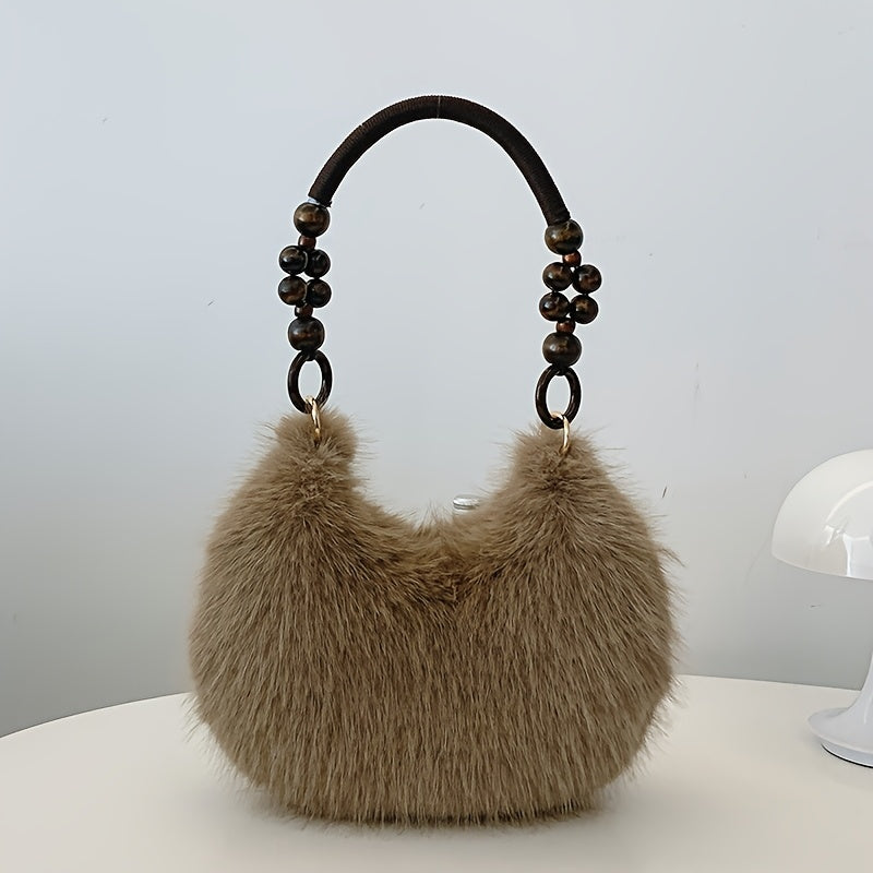 Borsa a Spalla in Velluto con Bordo in Pelliccia Sintetica