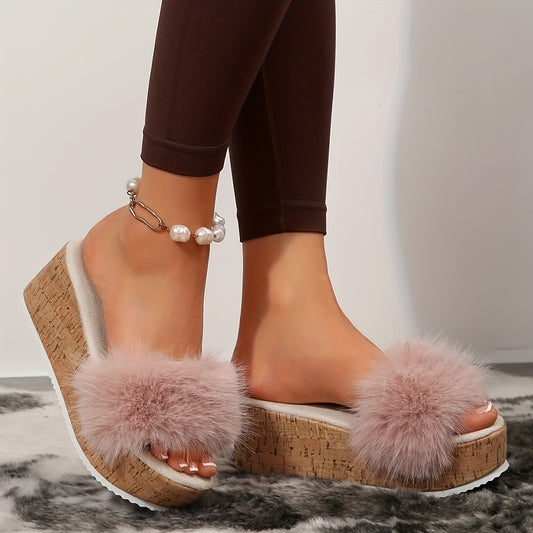 Elegant Women's Platform Slippers with Fluffy Faux Fur, Cork Wedge Heel, Solid Color, All-Season Versatile, Slip-On Style with Open Toe, Strappy Back, Breathable Fabric Insole, Non-Slip Rubber Sole, Taizhou