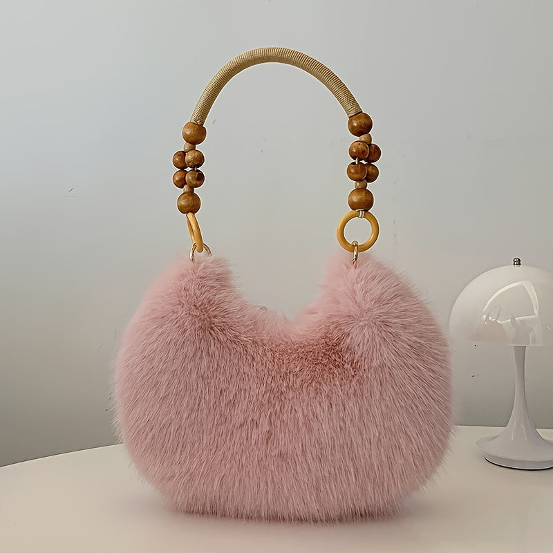 Borsa a Spalla in Velluto con Bordo in Pelliccia Sintetica