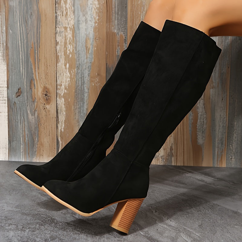 Elegant Women'S Boots, Classic And Elegant Ultra-High Heeled Knee-High Boots, Chunky Heel Zipper Side Boots, Solid Color Women'S Long Boots, Perfect As a Gift for Mom, Suitable for Spring And Autumn Wear, Stylish for Vacation