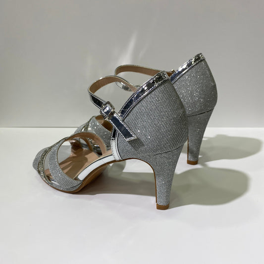 Sandali argento con tacco e brillantini