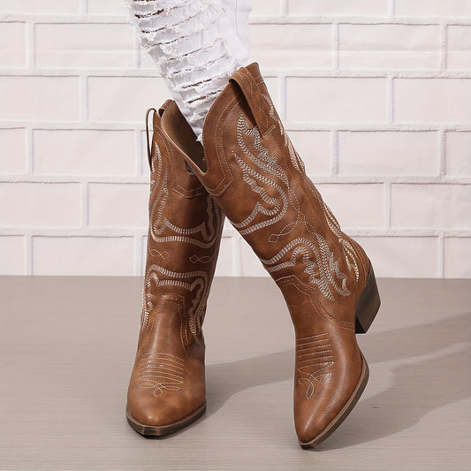 Stivale texano plus size con ricamo serpente – slip‑on