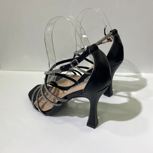 Sandali neri con tacco fascia brillantini