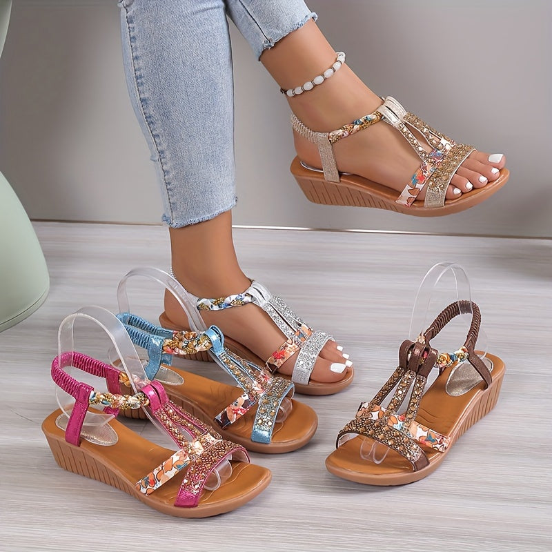 Women's Rhinestone Decor Wedge Sandals, Casual Open Toe Platform Sandals, Comfortable Elastic Band Sandals