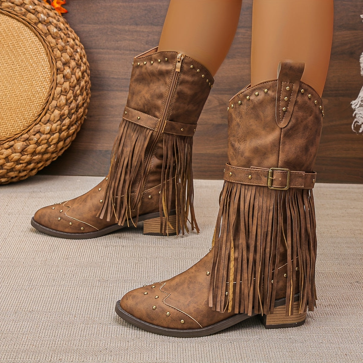 Stivale texano con frange e cinturino – tacco chunky