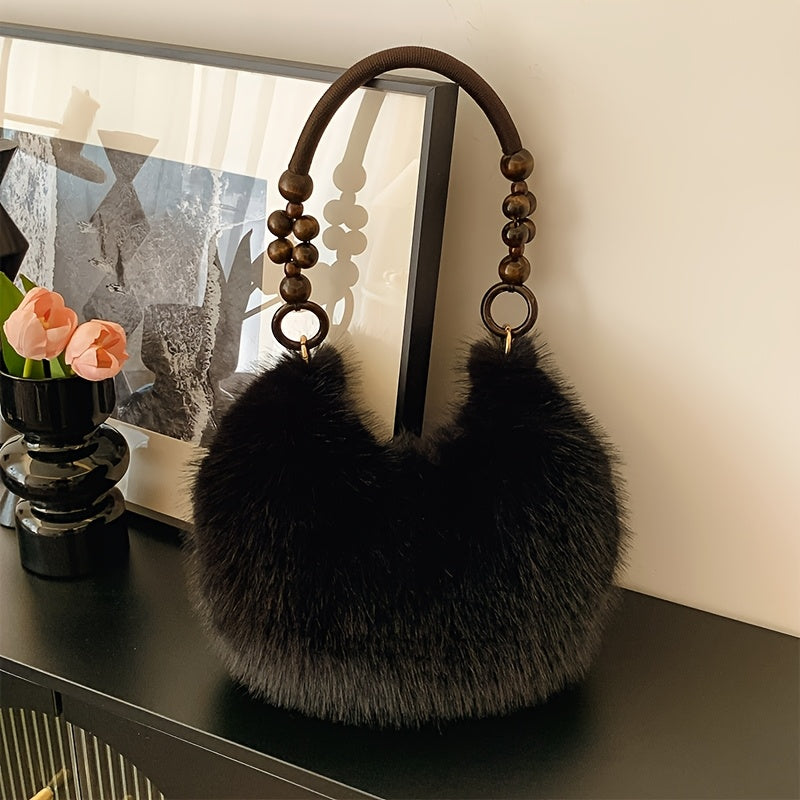 Borsa a Spalla in Velluto con Bordo in Pelliccia Sintetica