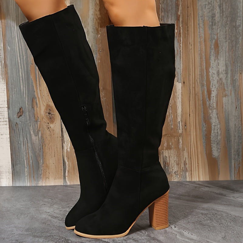 Elegant Women'S Boots, Classic And Elegant Ultra-High Heeled Knee-High Boots, Chunky Heel Zipper Side Boots, Solid Color Women'S Long Boots, Perfect As a Gift for Mom, Suitable for Spring And Autumn Wear, Stylish for Vacation