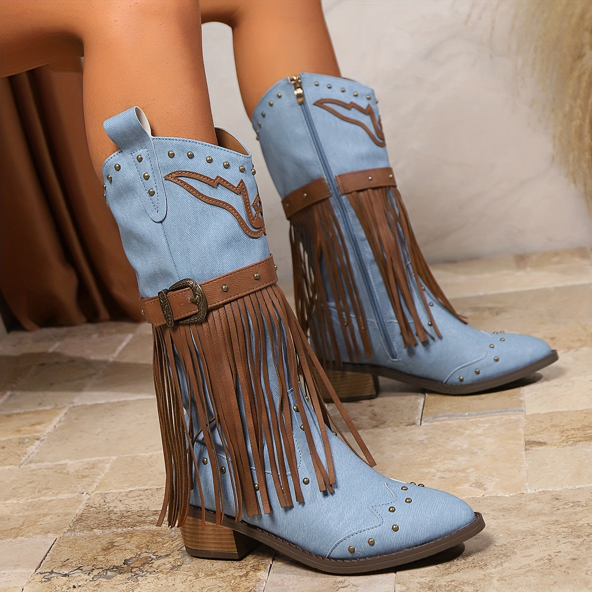Women's Western Cowboy Boots - Mid-Calf Synthetic Cover with Fringe, Studded & Buckle Detail, Pointed Toe, Medium Block Heel, Zipper Closure, Light Blue & Brown for Casual & Semi-Formal Outfits, Semiformal Footwear, Pointed T