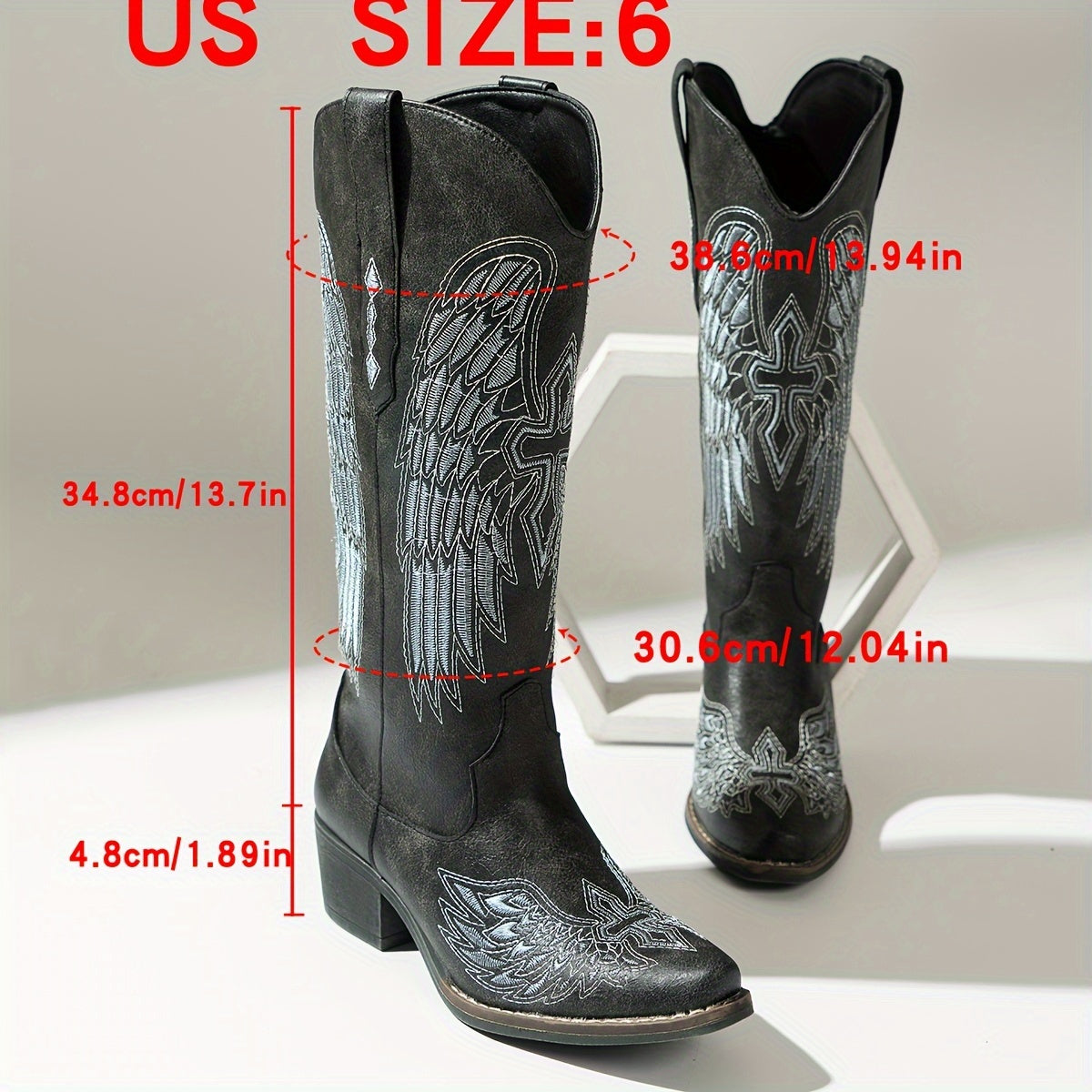 1pr Women'S Embroidered Western Cowboy Boots - Casual Style, Solid Color, All-Season, Slip-On, Pointed Toe, Block Heel, Man-Made Upper, Fabric Inner, TPR Sole, Mid Heel Riding Boots