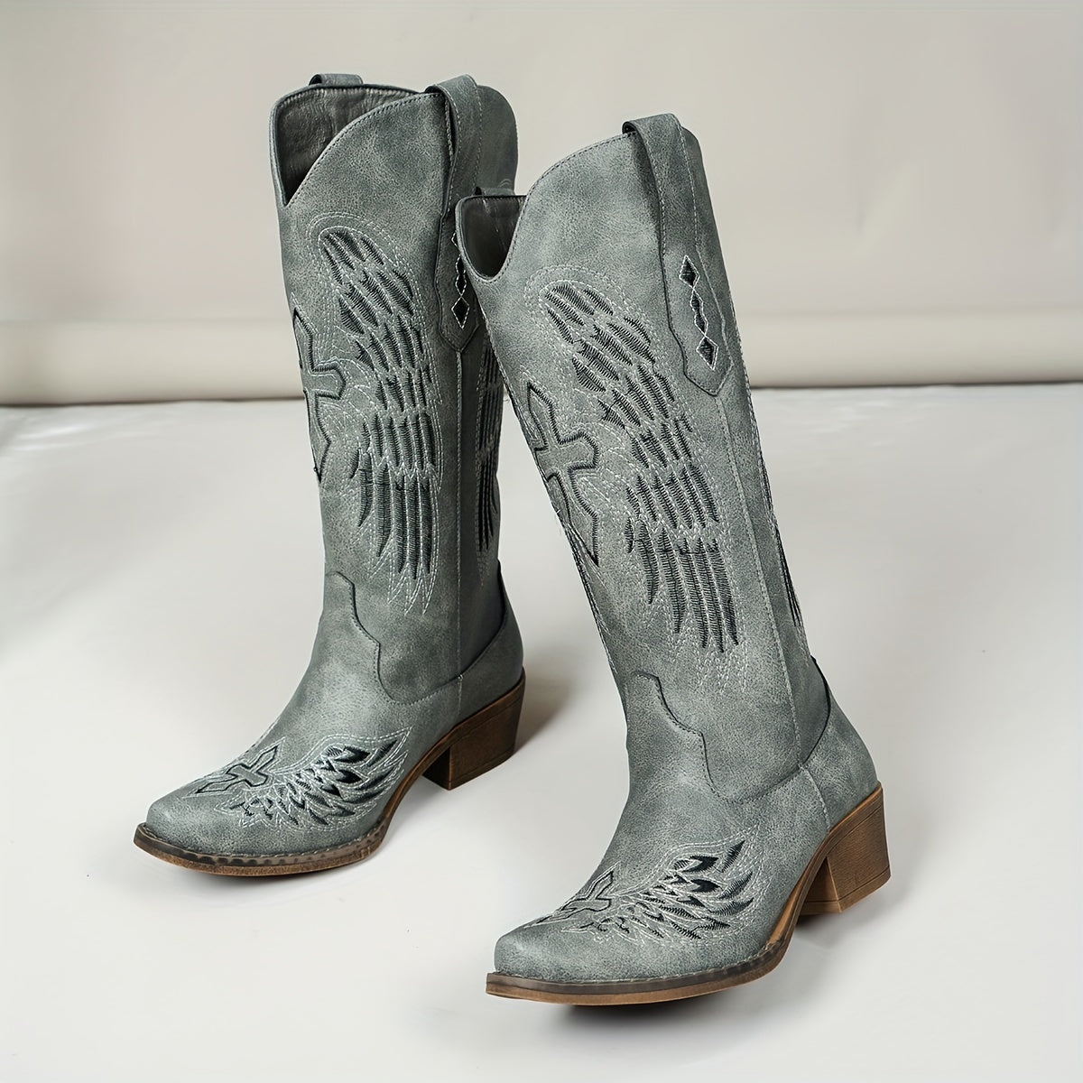 1pr Women'S Embroidered Western Cowboy Boots - Casual Style, Solid Color, All-Season, Slip-On, Pointed Toe, Block Heel, Man-Made Upper, Fabric Inner, TPR Sole, Mid Heel Riding Boots