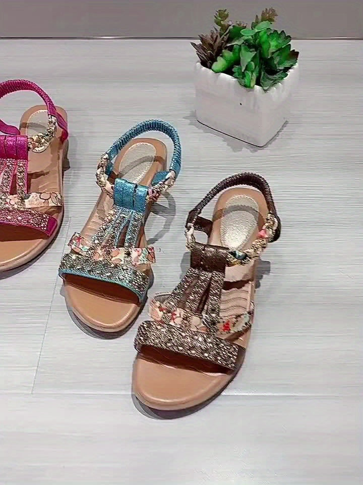 Women's Rhinestone Decor Wedge Sandals, Casual Open Toe Platform Sandals, Comfortable Elastic Band Sandals