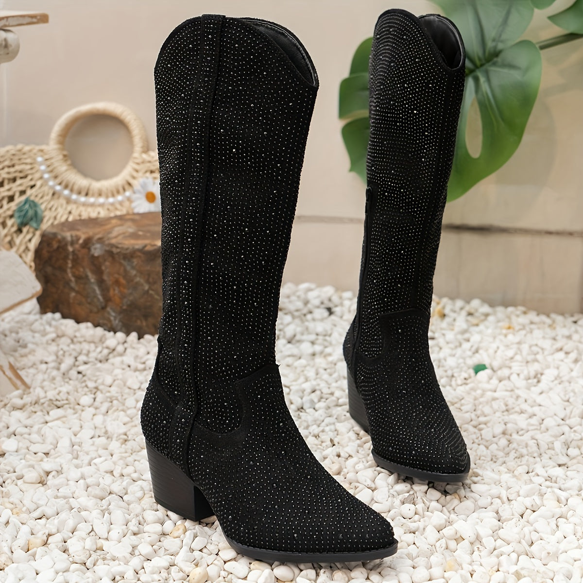 Women's Fashion High-Top Rhinestone Decor Cowboy Boots, Stylish Point Toe Chunky Heel Boots, Elegant Western Boots For Ladies