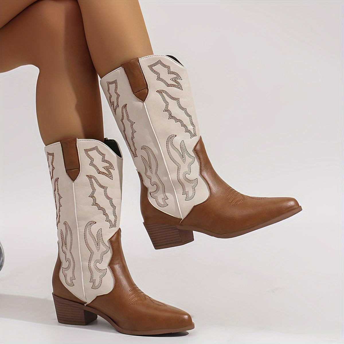Women'S Western Cowboy Boots, Mid-Calf Pointed Toe with Chunky Heel, Elegant Slip-On Style in Brown, Comfortable for Music Festivals, Vacations, and Casual Wear, Music Festival Boots | Rugged Boot Design | Rubber Sole Boots