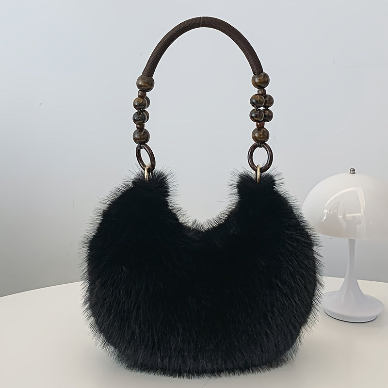 Borsa a Spalla in Velluto con Bordo in Pelliccia Sintetica
