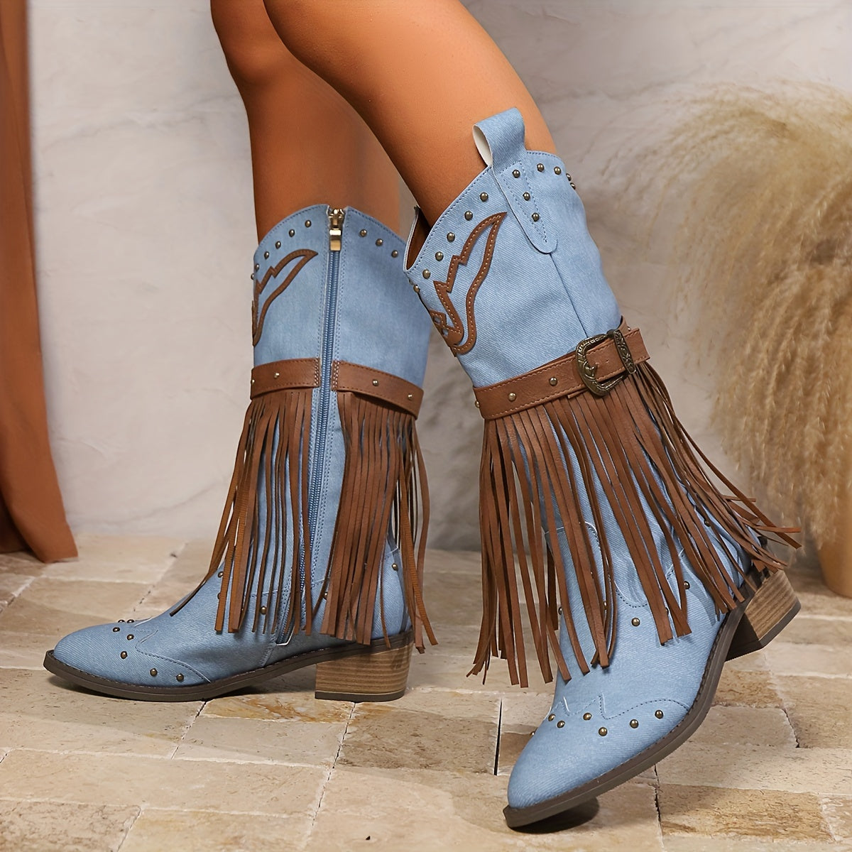 Women's Western Cowboy Boots - Mid-Calf Synthetic Cover with Fringe, Studded & Buckle Detail, Pointed Toe, Medium Block Heel, Zipper Closure, Light Blue & Brown for Casual & Semi-Formal Outfits, Semiformal Footwear, Pointed T