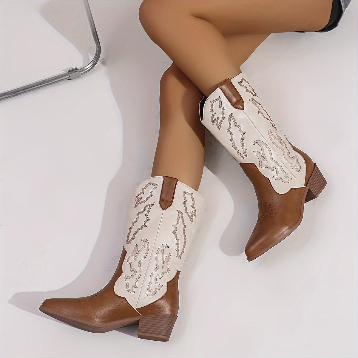 Women'S Western Cowboy Boots, Mid-Calf Pointed Toe with Chunky Heel, Elegant Slip-On Style in Brown, Comfortable for Music Festivals, Vacations, and Casual Wear, Music Festival Boots | Rugged Boot Design | Rubber Sole Boots