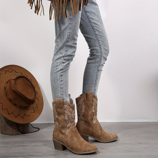 Stivale texano con ricamo floreale – slip‑on, tacco medio