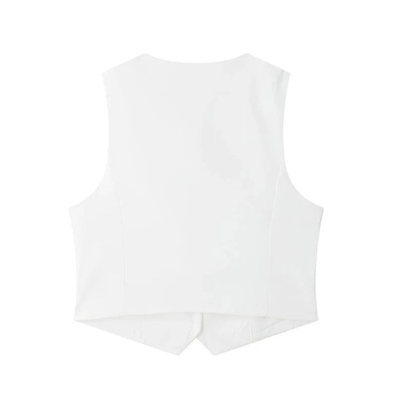 TRAF 2024 Black White Sleeveless Vest Woman Fashion V Neck Cropped Vest Top Female Summer Working Suit Vest Button Short Coats