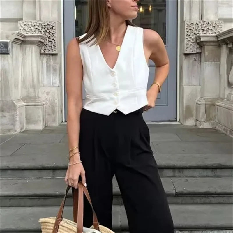 TRAF 2024 Black White Sleeveless Vest Woman Fashion V Neck Cropped Vest Top Female Summer Working Suit Vest Button Short Coats