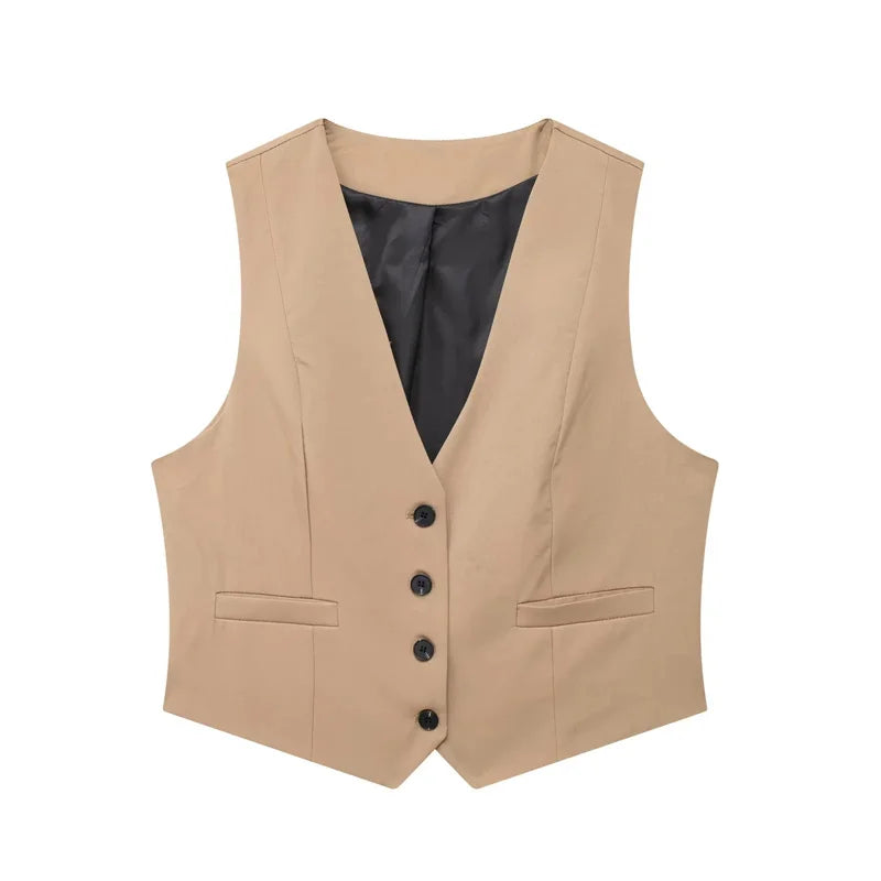 TRAF 2024 Black White Sleeveless Vest Woman Fashion V Neck Cropped Vest Top Female Summer Working Suit Vest Button Short Coats