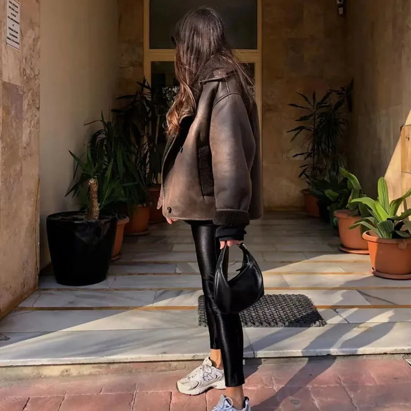 Giacca Plush Demi-stagione in ecopelle e misto lana