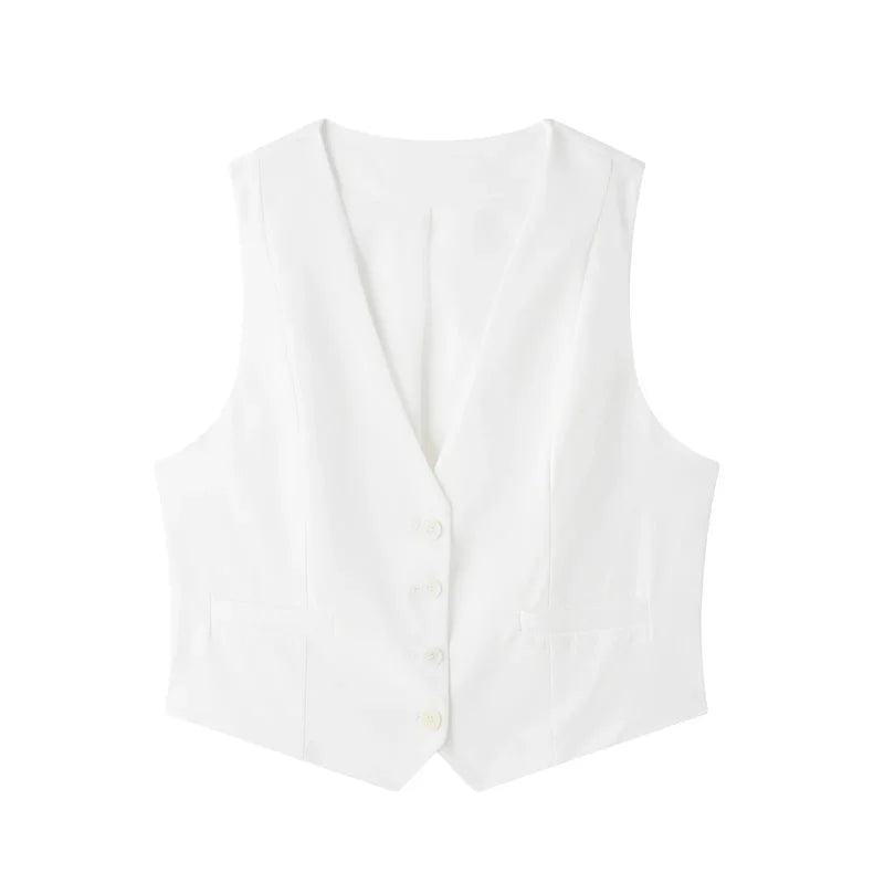TRAF 2024 Black White Sleeveless Vest Woman Fashion V Neck Cropped Vest Top Female Summer Working Suit Vest Button Short Coats