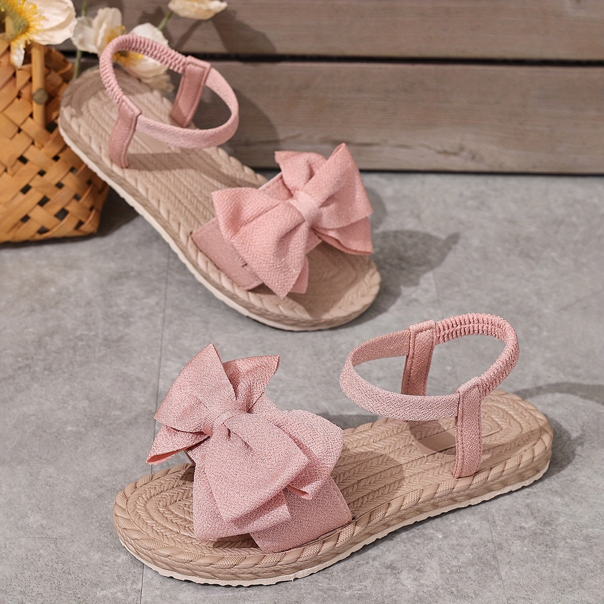 Women'S Slip-On Flat Sandals with Large Bow Detail - Comfortable Open-Toe Beach Shoes, Lightweight EVA Sole, Breathable Fabric Upper, All-Season Casual Wear, Strappy Sandals