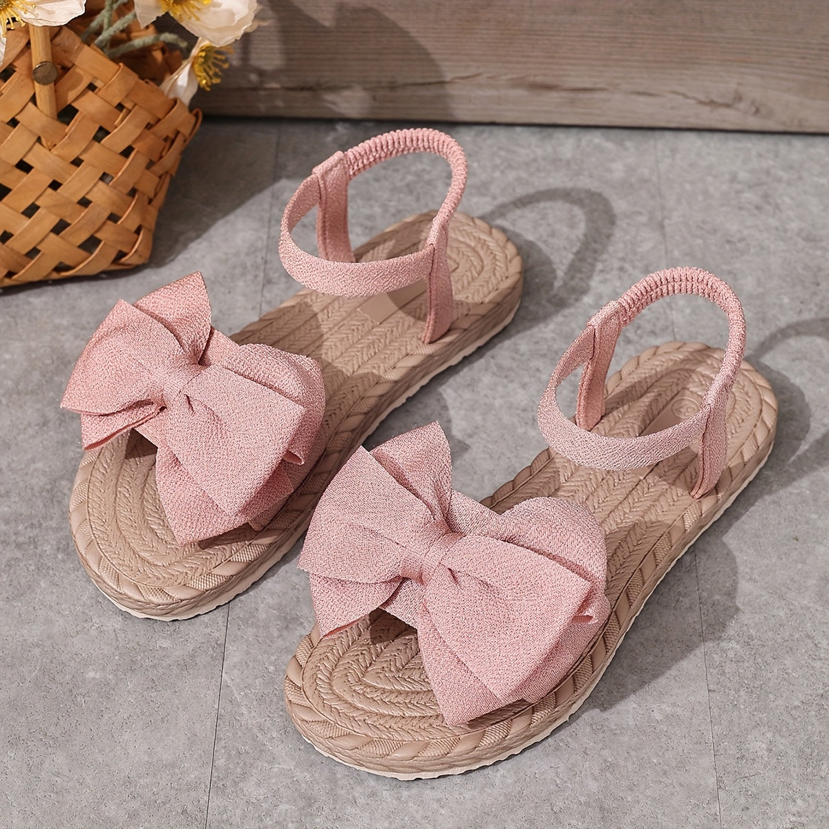 Women'S Slip-On Flat Sandals with Large Bow Detail - Comfortable Open-Toe Beach Shoes, Lightweight EVA Sole, Breathable Fabric Upper, All-Season Casual Wear, Strappy Sandals