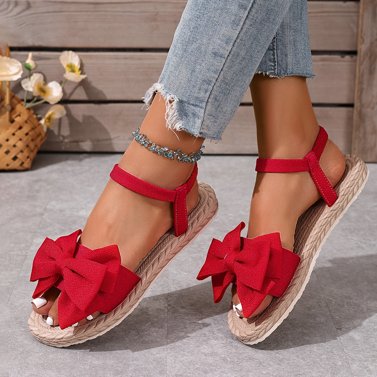 Women'S Slip-On Flat Sandals with Large Bow Detail - Comfortable Open-Toe Beach Shoes, Lightweight EVA Sole, Breathable Fabric Upper, All-Season Casual Wear, Strappy Sandals