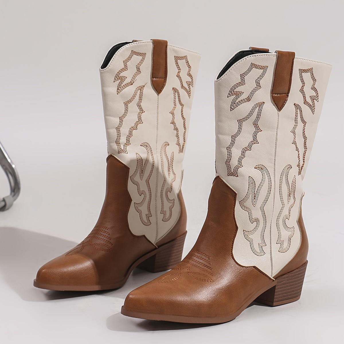 Women'S Western Cowboy Boots, Mid-Calf Pointed Toe with Chunky Heel, Elegant Slip-On Style in Brown, Comfortable for Music Festivals, Vacations, and Casual Wear, Music Festival Boots | Rugged Boot Design | Rubber Sole Boots