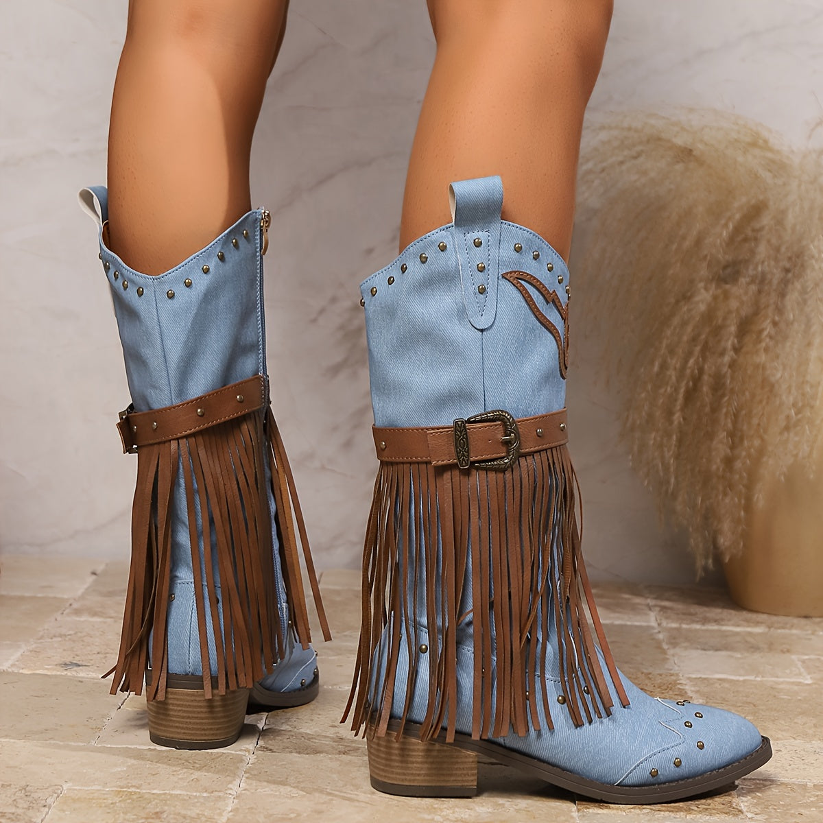 Women's Western Cowboy Boots - Mid-Calf Synthetic Cover with Fringe, Studded & Buckle Detail, Pointed Toe, Medium Block Heel, Zipper Closure, Light Blue & Brown for Casual & Semi-Formal Outfits, Semiformal Footwear, Pointed T
