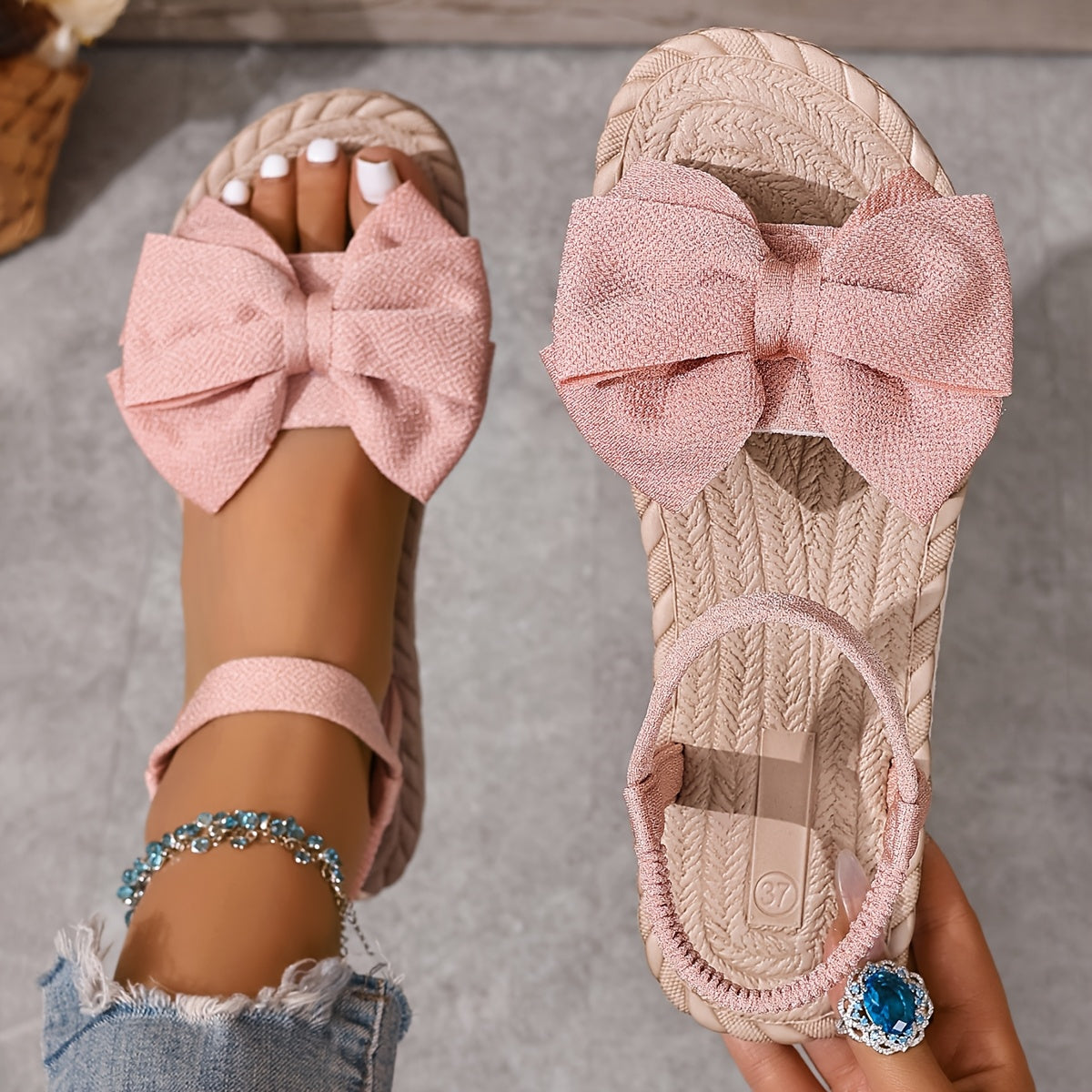 Women'S Slip-On Flat Sandals with Large Bow Detail - Comfortable Open-Toe Beach Shoes, Lightweight EVA Sole, Breathable Fabric Upper, All-Season Casual Wear, Strappy Sandals