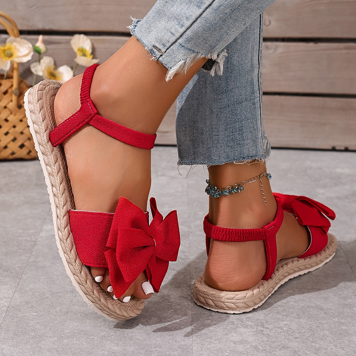 Women'S Slip-On Flat Sandals with Large Bow Detail - Comfortable Open-Toe Beach Shoes, Lightweight EVA Sole, Breathable Fabric Upper, All-Season Casual Wear, Strappy Sandals