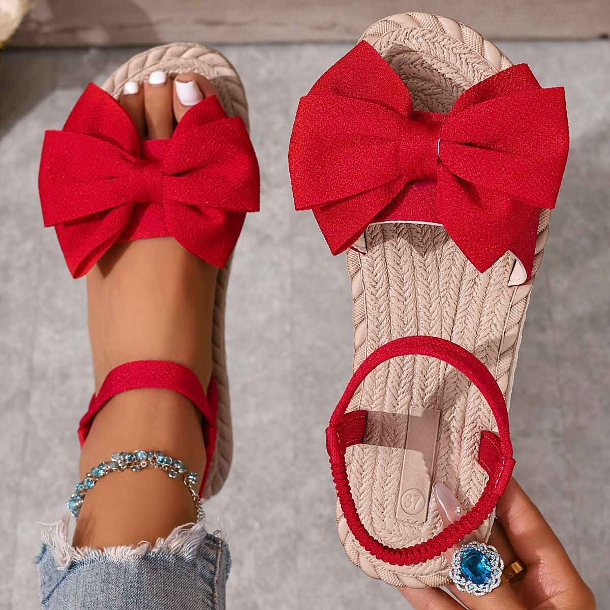 Women'S Slip-On Flat Sandals with Large Bow Detail - Comfortable Open-Toe Beach Shoes, Lightweight EVA Sole, Breathable Fabric Upper, All-Season Casual Wear, Strappy Sandals