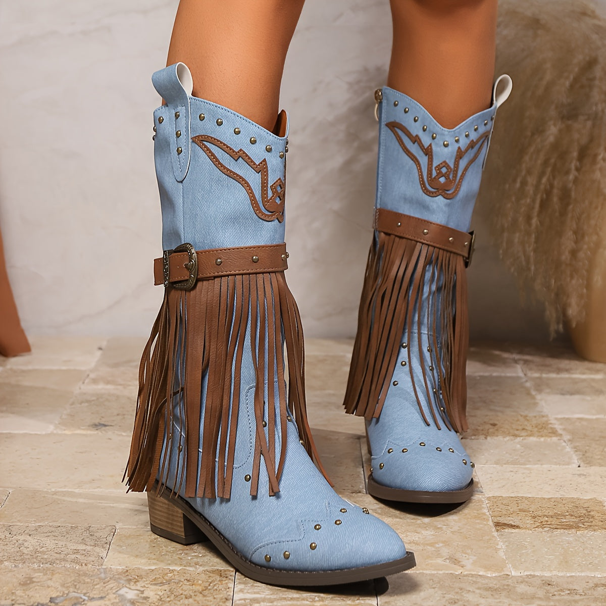 Women's Western Cowboy Boots - Mid-Calf Synthetic Cover with Fringe, Studded & Buckle Detail, Pointed Toe, Medium Block Heel, Zipper Closure, Light Blue & Brown for Casual & Semi-Formal Outfits, Semiformal Footwear, Pointed T