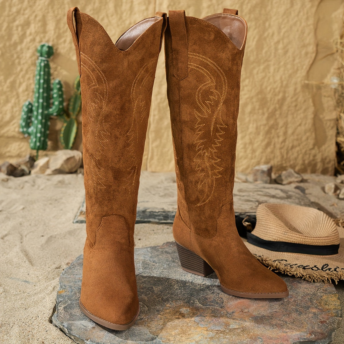 Stivale texano slip‑on in ecoCamoscio con ricamo