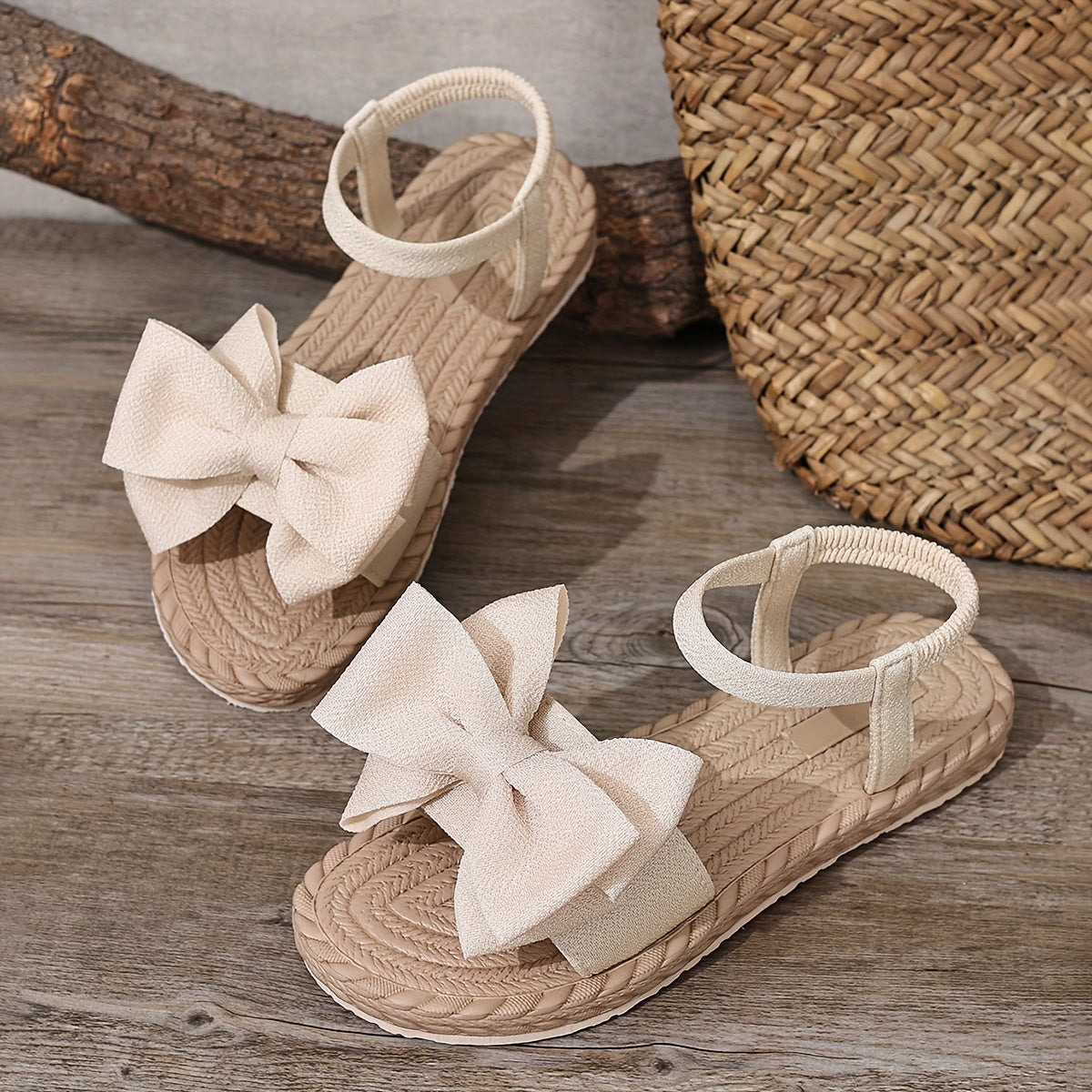 Women'S Slip-On Flat Sandals with Large Bow Detail - Comfortable Open-Toe Beach Shoes, Lightweight EVA Sole, Breathable Fabric Upper, All-Season Casual Wear, Strappy Sandals