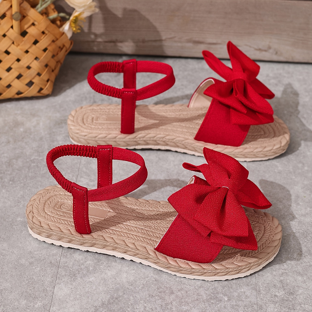 Women'S Slip-On Flat Sandals with Large Bow Detail - Comfortable Open-Toe Beach Shoes, Lightweight EVA Sole, Breathable Fabric Upper, All-Season Casual Wear, Strappy Sandals