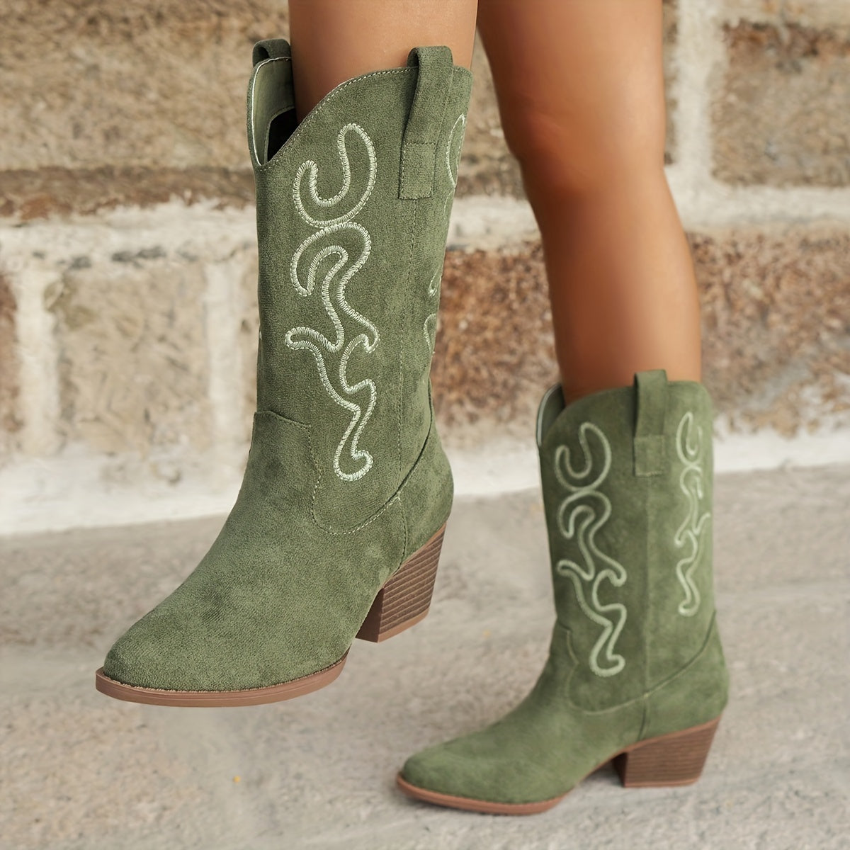 Stivale texano vintage con ricamo – slip‑on