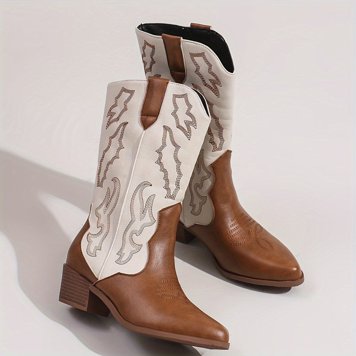 Women'S Western Cowboy Boots, Mid-Calf Pointed Toe with Chunky Heel, Elegant Slip-On Style in Brown, Comfortable for Music Festivals, Vacations, and Casual Wear, Music Festival Boots | Rugged Boot Design | Rubber Sole Boots