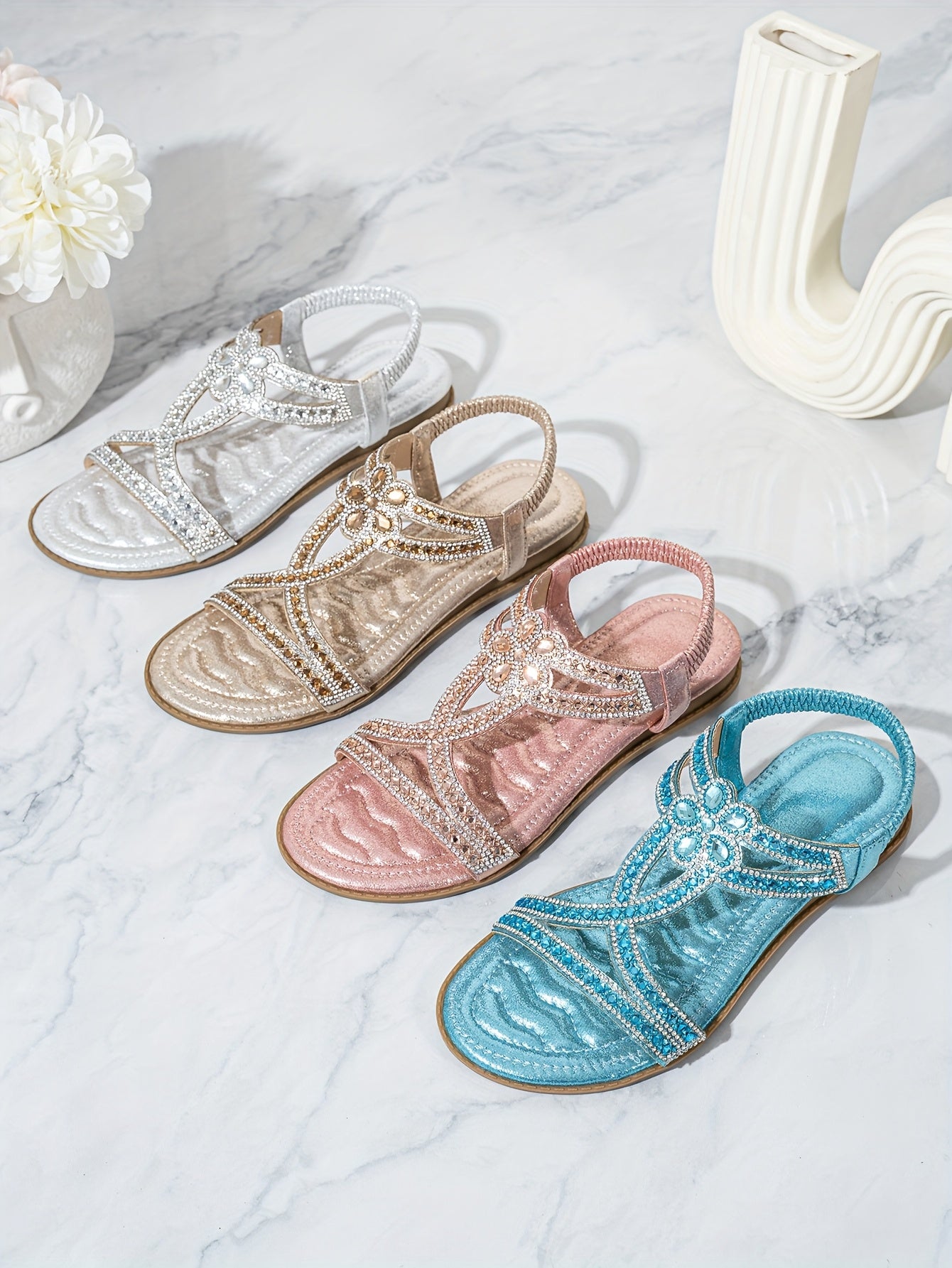 2025 Summer New Women's Rhinestone-Embellished Ankle Strap Sandals - Bohemian Floral PU Cover Flat Sandals with Slip-On Open-Toe Design, Comfortable Casual Elegant Plus Size Footwear for All Seasons, Ladies Shoes And Sandals,