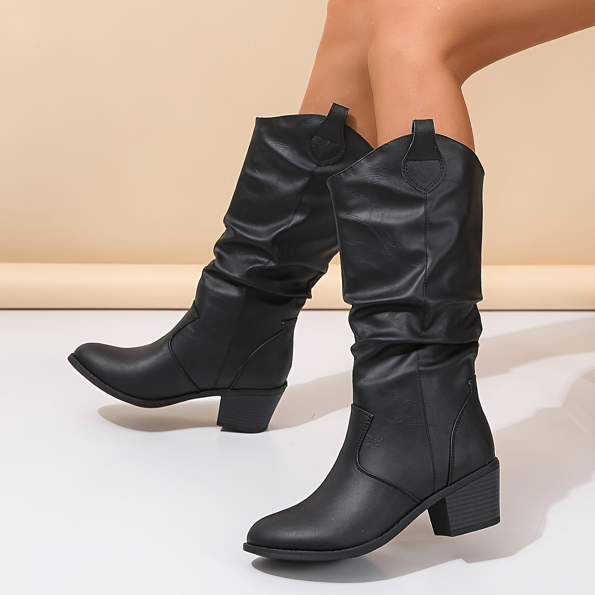 Stivale texano slip‑on – tacco chunky punta tonda
