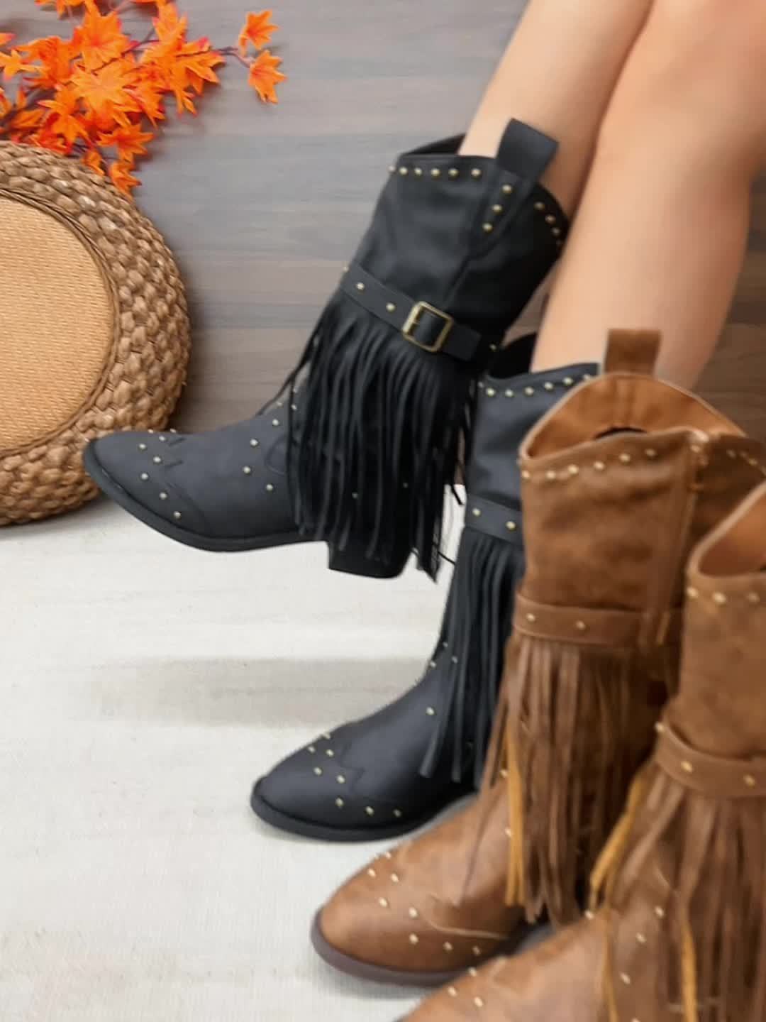Stivale texano con frange e perline – zip laterale