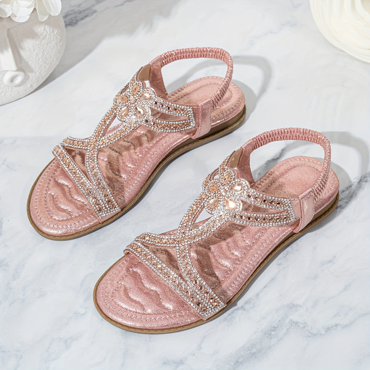 2025 Summer New Women's Rhinestone-Embellished Ankle Strap Sandals - Bohemian Floral PU Cover Flat Sandals with Slip-On Open-Toe Design, Comfortable Casual Elegant Plus Size Footwear for All Seasons, Ladies Shoes And Sandals,