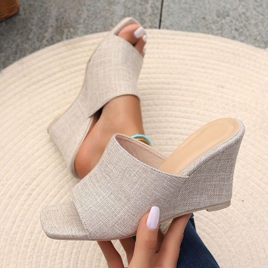 Women's Solid Color Elegant Sandals, Slip On Comfort Square Toe Walking Shoes, Casual Wedge Vacation Shoes