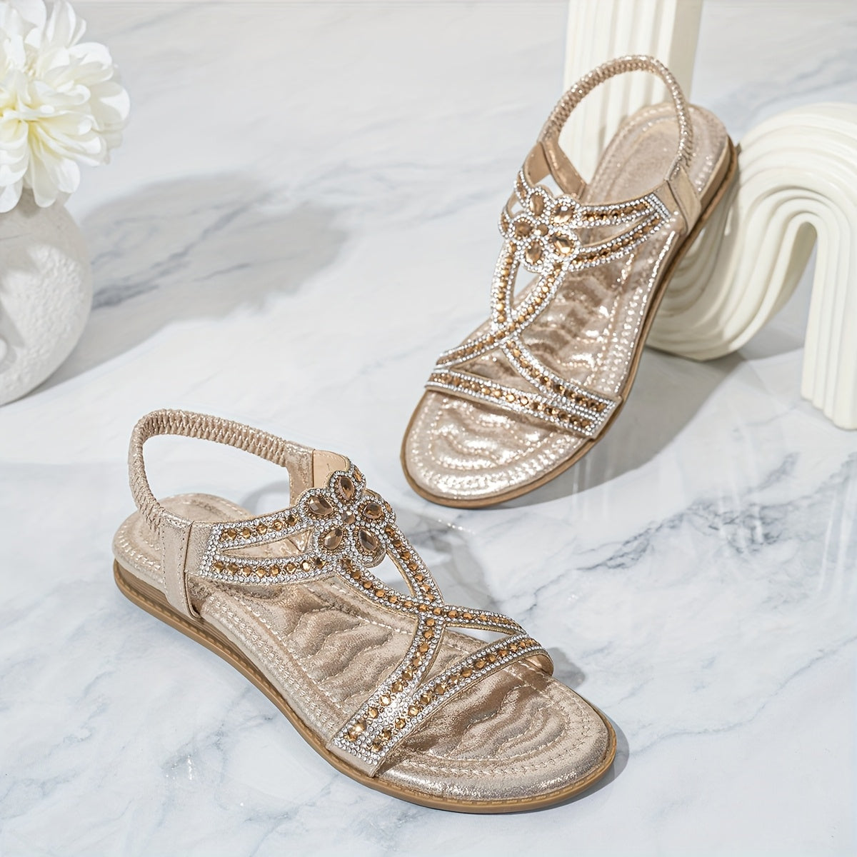 2025 Summer New Women's Rhinestone-Embellished Ankle Strap Sandals - Bohemian Floral PU Cover Flat Sandals with Slip-On Open-Toe Design, Comfortable Casual Elegant Plus Size Footwear for All Seasons, Ladies Shoes And Sandals,